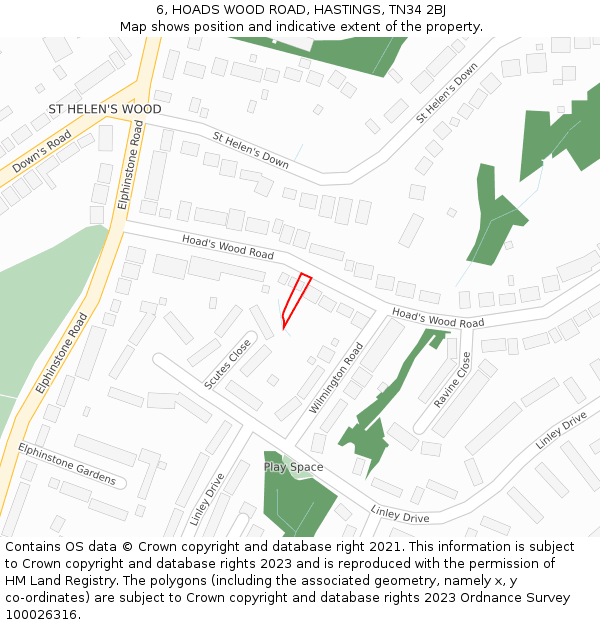 6, HOADS WOOD ROAD, HASTINGS, TN34 2BJ: Location map and indicative extent of plot