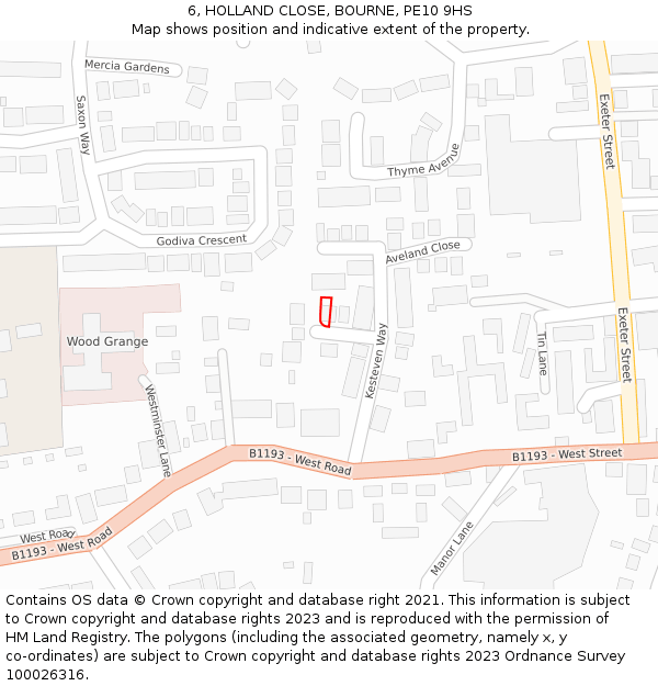 6, HOLLAND CLOSE, BOURNE, PE10 9HS: Location map and indicative extent of plot