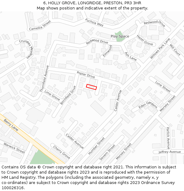 6, HOLLY GROVE, LONGRIDGE, PRESTON, PR3 3HR: Location map and indicative extent of plot