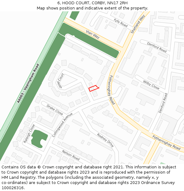 6, HOOD COURT, CORBY, NN17 2RH: Location map and indicative extent of plot