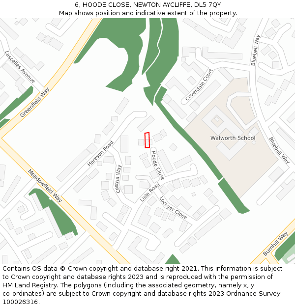 6, HOODE CLOSE, NEWTON AYCLIFFE, DL5 7QY: Location map and indicative extent of plot