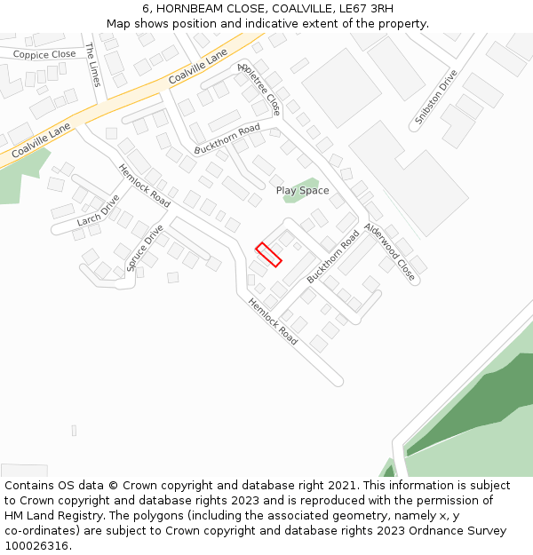 6, HORNBEAM CLOSE, COALVILLE, LE67 3RH: Location map and indicative extent of plot