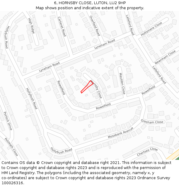 6, HORNSBY CLOSE, LUTON, LU2 9HP: Location map and indicative extent of plot