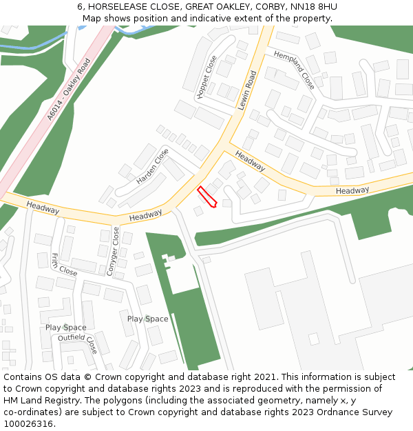 6, HORSELEASE CLOSE, GREAT OAKLEY, CORBY, NN18 8HU: Location map and indicative extent of plot