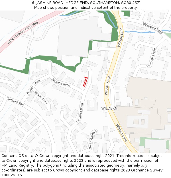 6, JASMINE ROAD, HEDGE END, SOUTHAMPTON, SO30 4SZ: Location map and indicative extent of plot