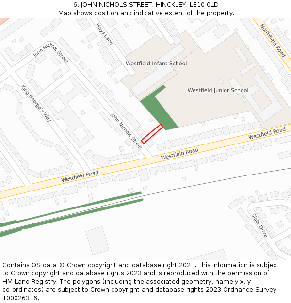 6, JOHN NICHOLS STREET, HINCKLEY, LE10 0LD: Location map and indicative extent of plot