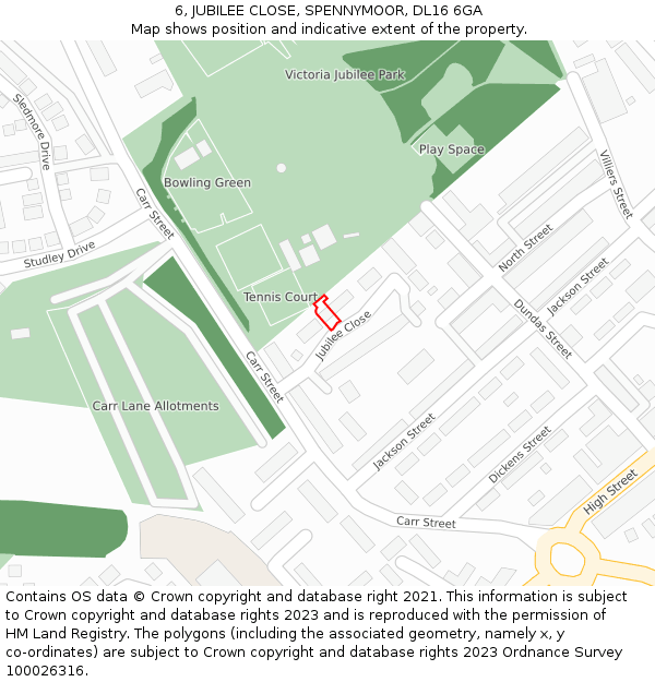 6, JUBILEE CLOSE, SPENNYMOOR, DL16 6GA: Location map and indicative extent of plot