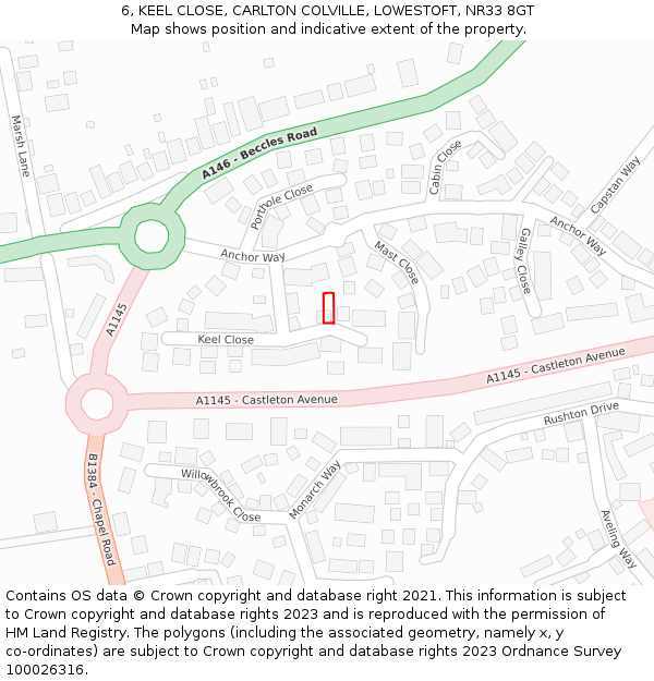 6, KEEL CLOSE, CARLTON COLVILLE, LOWESTOFT, NR33 8GT: Location map and indicative extent of plot