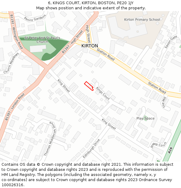 6, KINGS COURT, KIRTON, BOSTON, PE20 1JY: Location map and indicative extent of plot
