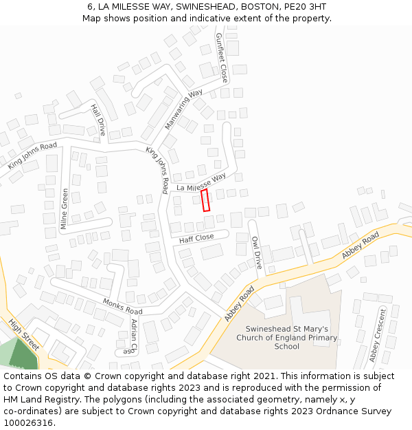 6, LA MILESSE WAY, SWINESHEAD, BOSTON, PE20 3HT: Location map and indicative extent of plot
