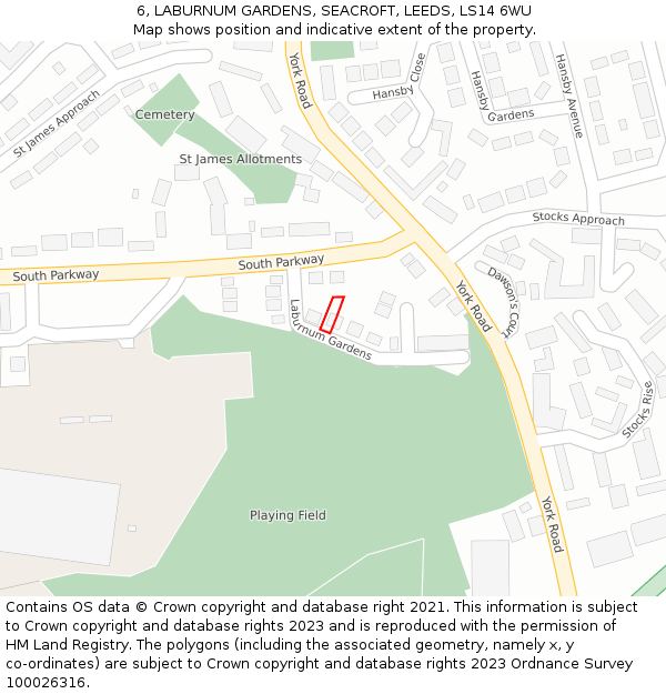 6, LABURNUM GARDENS, SEACROFT, LEEDS, LS14 6WU: Location map and indicative extent of plot
