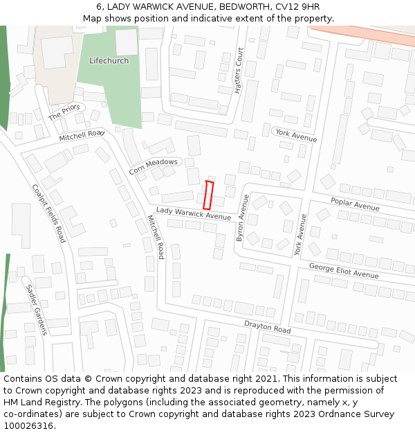 6, LADY WARWICK AVENUE, BEDWORTH, CV12 9HR: Location map and indicative extent of plot