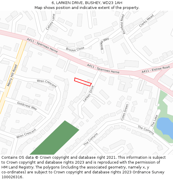 6, LARKEN DRIVE, BUSHEY, WD23 1AH: Location map and indicative extent of plot
