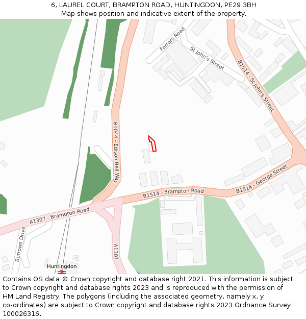 6, LAUREL COURT, BRAMPTON ROAD, HUNTINGDON, PE29 3BH: Location map and indicative extent of plot