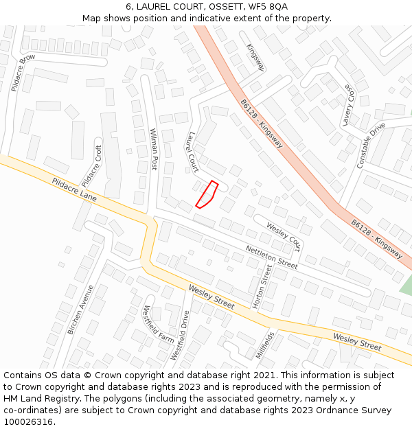 6, LAUREL COURT, OSSETT, WF5 8QA: Location map and indicative extent of plot