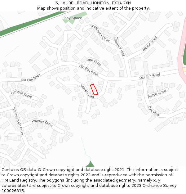 6, LAUREL ROAD, HONITON, EX14 2XN: Location map and indicative extent of plot