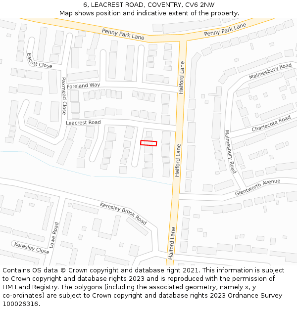 6, LEACREST ROAD, COVENTRY, CV6 2NW: Location map and indicative extent of plot