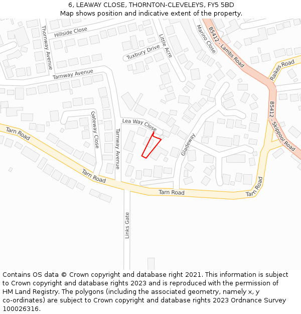 6, LEAWAY CLOSE, THORNTON-CLEVELEYS, FY5 5BD: Location map and indicative extent of plot