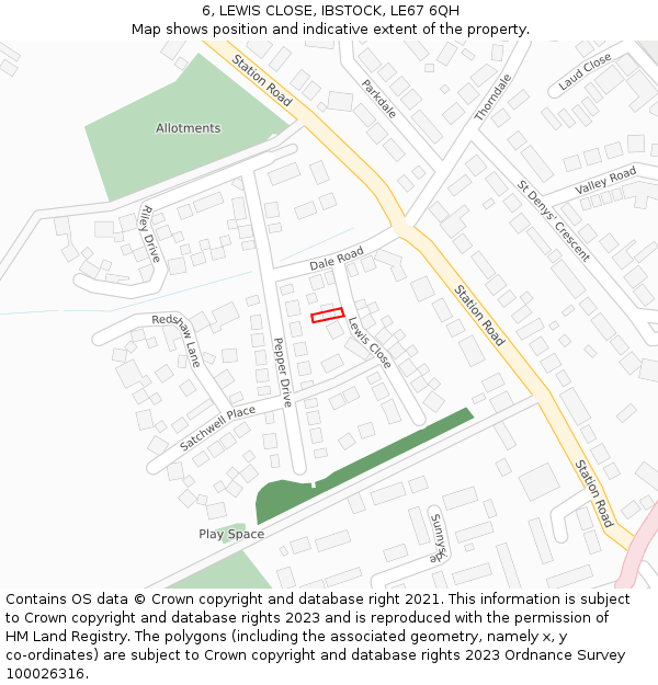 6, LEWIS CLOSE, IBSTOCK, LE67 6QH: Location map and indicative extent of plot