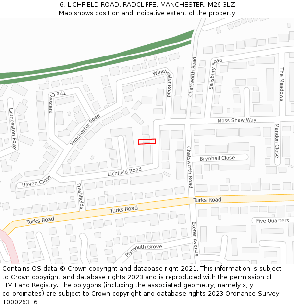 6, LICHFIELD ROAD, RADCLIFFE, MANCHESTER, M26 3LZ: Location map and indicative extent of plot
