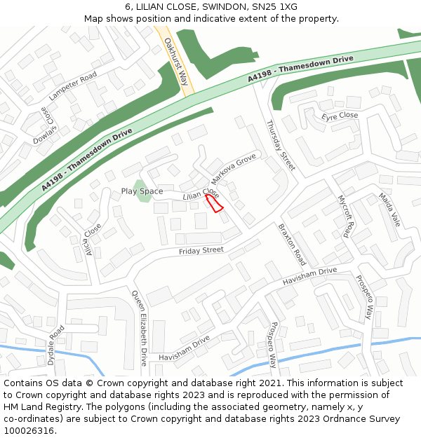 6, LILIAN CLOSE, SWINDON, SN25 1XG: Location map and indicative extent of plot