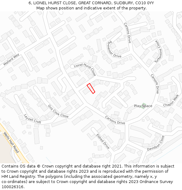 6, LIONEL HURST CLOSE, GREAT CORNARD, SUDBURY, CO10 0YY: Location map and indicative extent of plot