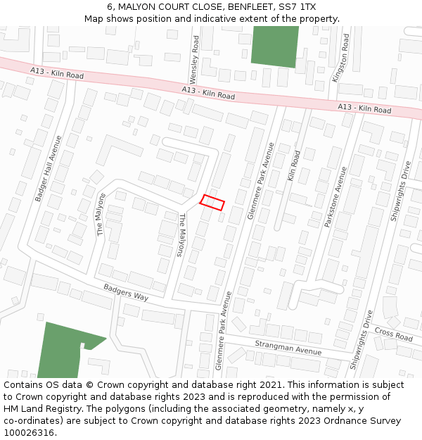 6, MALYON COURT CLOSE, BENFLEET, SS7 1TX: Location map and indicative extent of plot