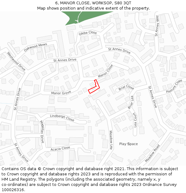 6, MANOR CLOSE, WORKSOP, S80 3QT: Location map and indicative extent of plot