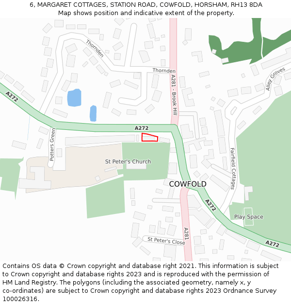 6, MARGARET COTTAGES, STATION ROAD, COWFOLD, HORSHAM, RH13 8DA: Location map and indicative extent of plot