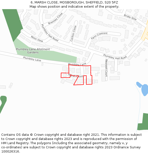 6, MARSH CLOSE, MOSBOROUGH, SHEFFIELD, S20 5PZ: Location map and indicative extent of plot