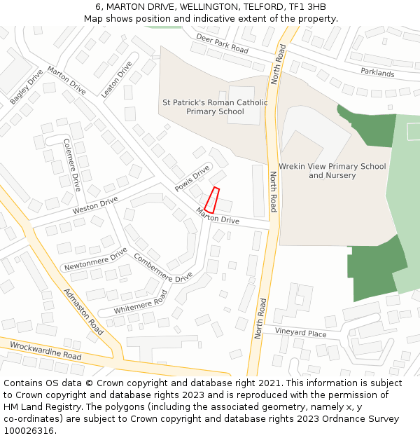 6, MARTON DRIVE, WELLINGTON, TELFORD, TF1 3HB: Location map and indicative extent of plot