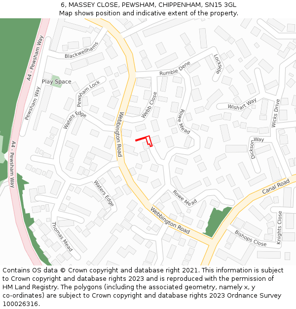 6, MASSEY CLOSE, PEWSHAM, CHIPPENHAM, SN15 3GL: Location map and indicative extent of plot