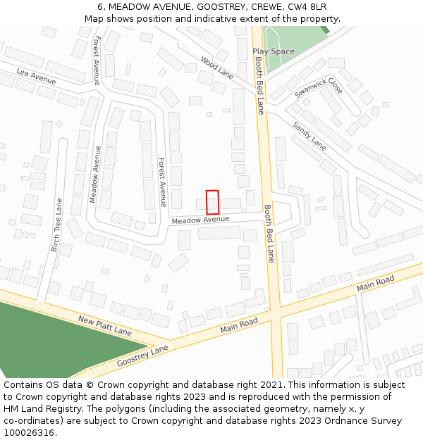 6, MEADOW AVENUE, GOOSTREY, CREWE, CW4 8LR: Location map and indicative extent of plot