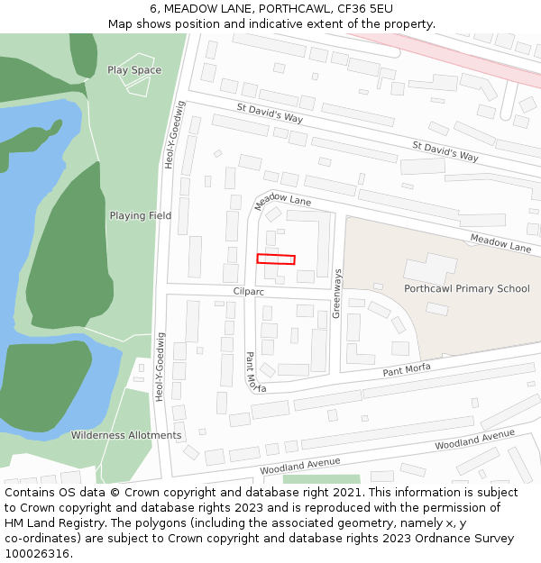 6, MEADOW LANE, PORTHCAWL, CF36 5EU: Location map and indicative extent of plot