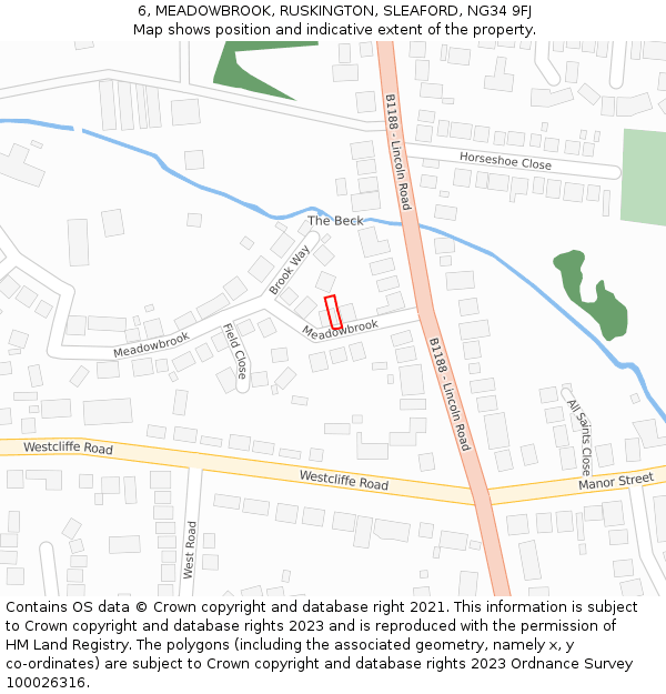 6, MEADOWBROOK, RUSKINGTON, SLEAFORD, NG34 9FJ: Location map and indicative extent of plot