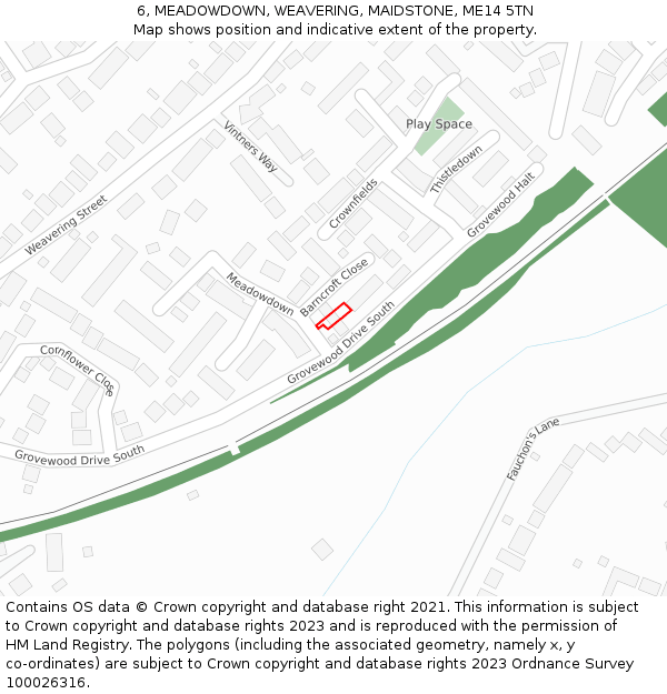 6, MEADOWDOWN, WEAVERING, MAIDSTONE, ME14 5TN: Location map and indicative extent of plot