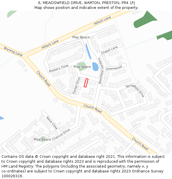 6, MEADOWFIELD DRIVE, WARTON, PRESTON, PR4 1FJ: Location map and indicative extent of plot
