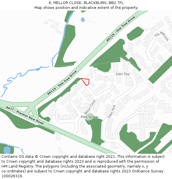 6, MELLOR CLOSE, BLACKBURN, BB2 7FL: Location map and indicative extent of plot