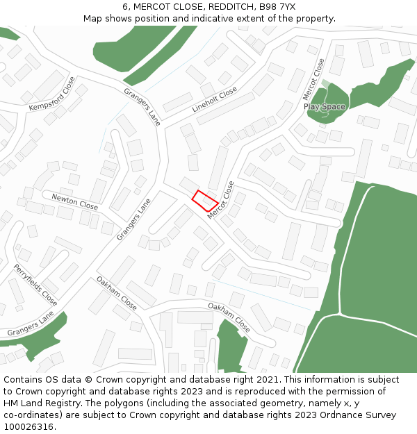 6, MERCOT CLOSE, REDDITCH, B98 7YX: Location map and indicative extent of plot