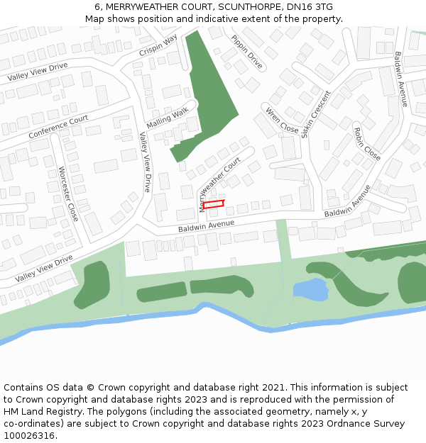 6, MERRYWEATHER COURT, SCUNTHORPE, DN16 3TG: Location map and indicative extent of plot