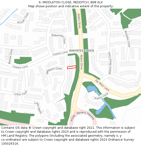 6, MIDDLETON CLOSE, REDDITCH, B98 0LX: Location map and indicative extent of plot