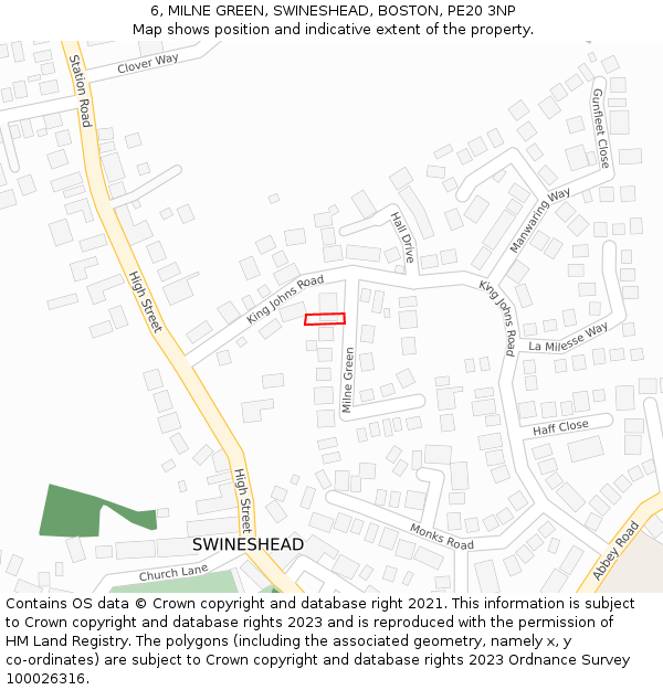 6, MILNE GREEN, SWINESHEAD, BOSTON, PE20 3NP: Location map and indicative extent of plot