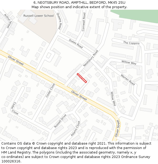 6, NEOTSBURY ROAD, AMPTHILL, BEDFORD, MK45 2SU: Location map and indicative extent of plot