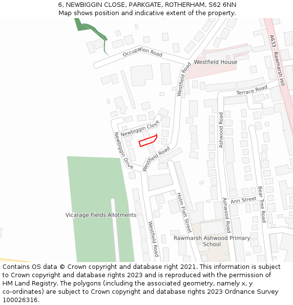6, NEWBIGGIN CLOSE, PARKGATE, ROTHERHAM, S62 6NN: Location map and indicative extent of plot