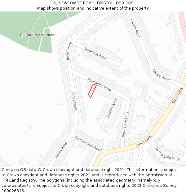 6, NEWCOMBE ROAD, BRISTOL, BS9 3QS: Location map and indicative extent of plot