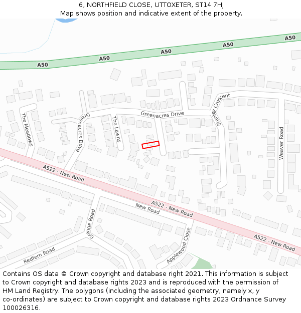 6, NORTHFIELD CLOSE, UTTOXETER, ST14 7HJ: Location map and indicative extent of plot