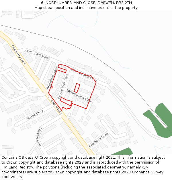 6, NORTHUMBERLAND CLOSE, DARWEN, BB3 2TN: Location map and indicative extent of plot