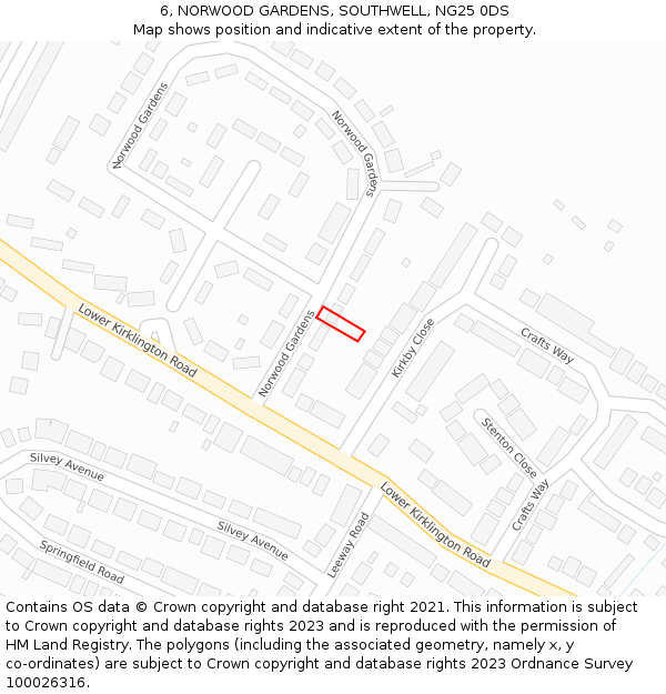 6, NORWOOD GARDENS, SOUTHWELL, NG25 0DS: Location map and indicative extent of plot