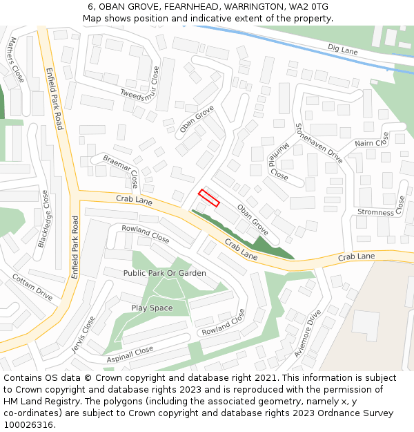 6, OBAN GROVE, FEARNHEAD, WARRINGTON, WA2 0TG: Location map and indicative extent of plot