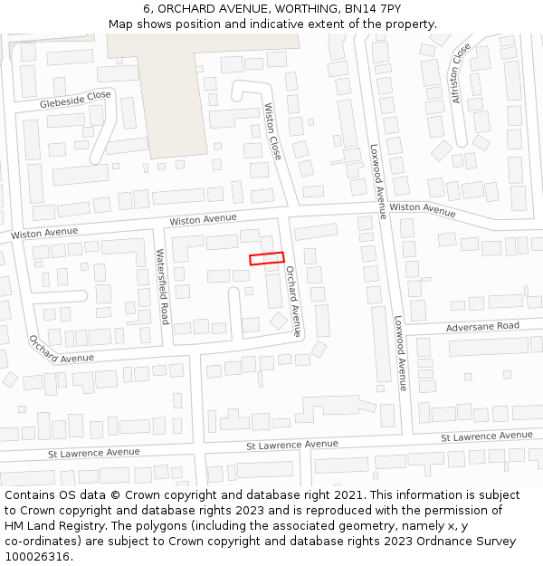 6, ORCHARD AVENUE, WORTHING, BN14 7PY: Location map and indicative extent of plot